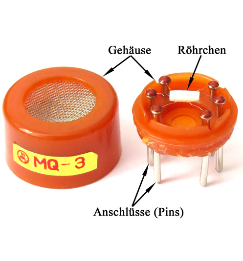 MQ-3 Ethanol-Sensor (geöffnet). Zu sehen ist die Röhrchenbauform.